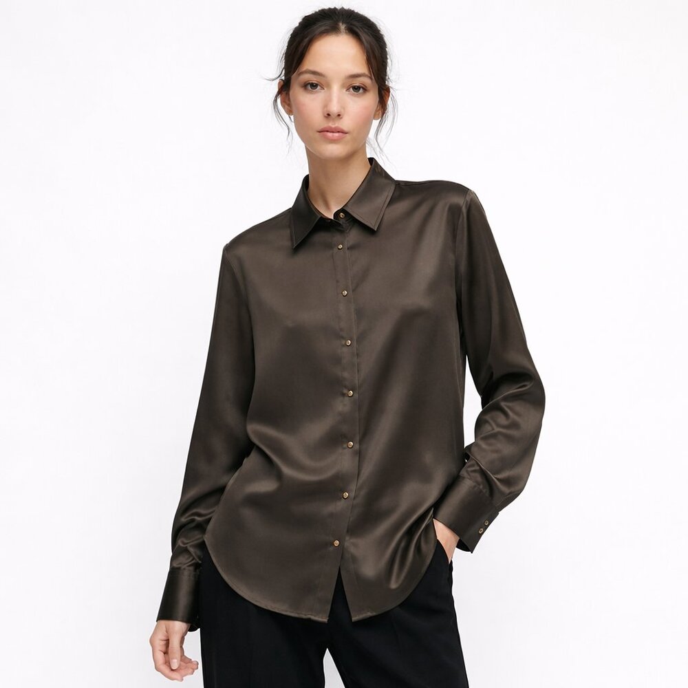 Zara Satin Green Button Down Tunic Top Loose Fit Long Sleeve Size Large